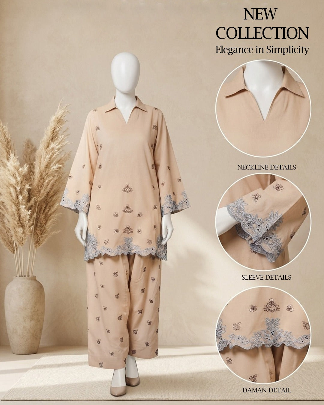 Beige & Blue Embroidered