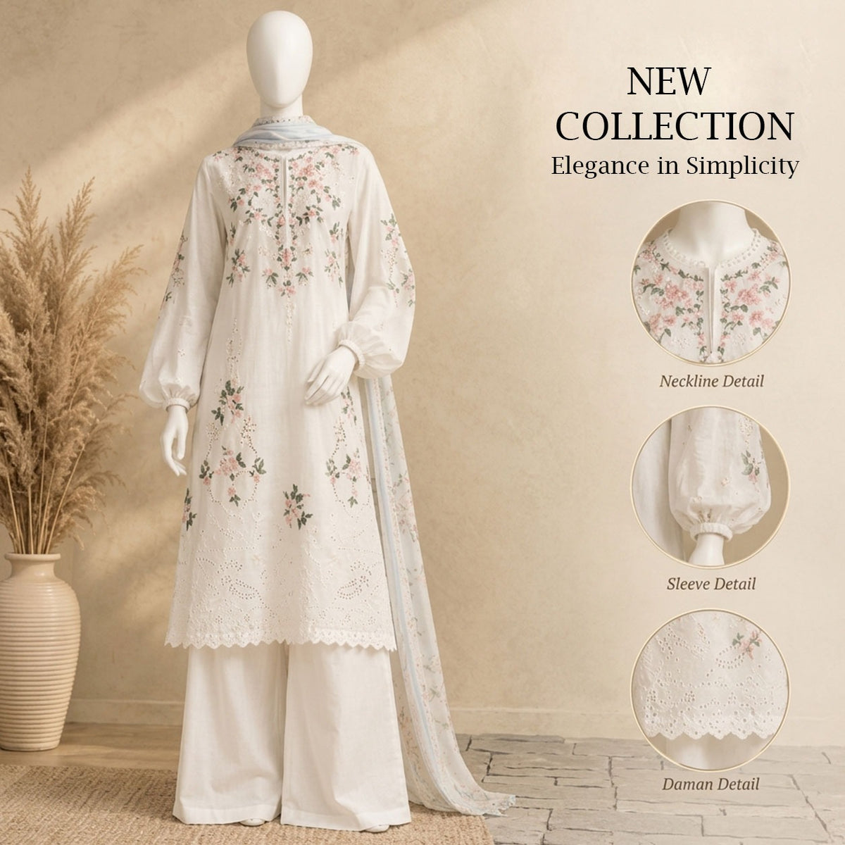 White Floral Chikankari